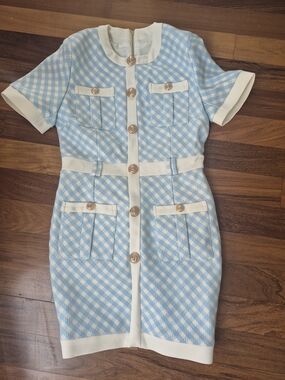 Blue and White Gingham Jacquard Minidress